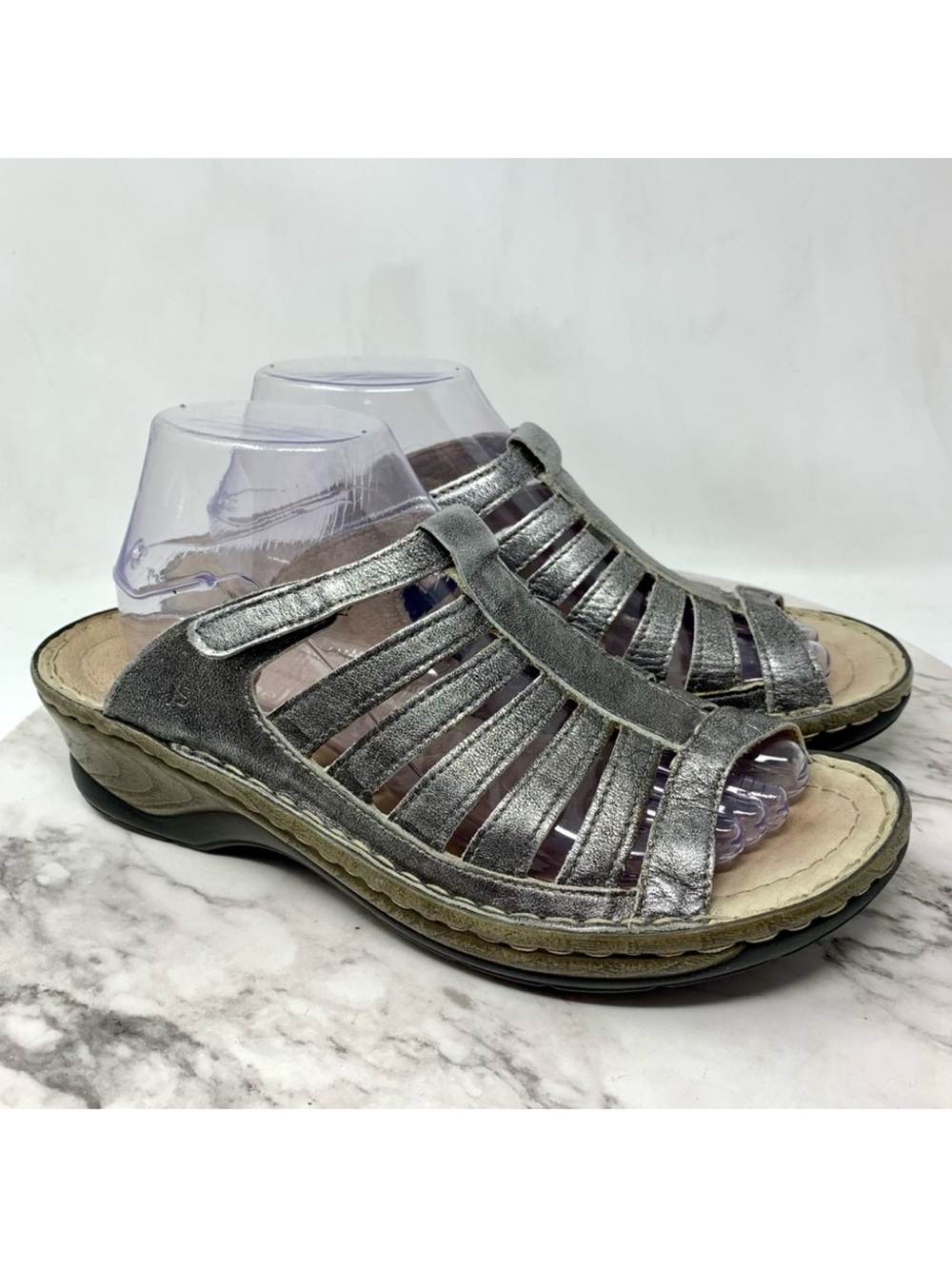 Josef Seibel Ida Multi Strap Silver Leather Comfort Mules 41/10-10.5 Euro Summer